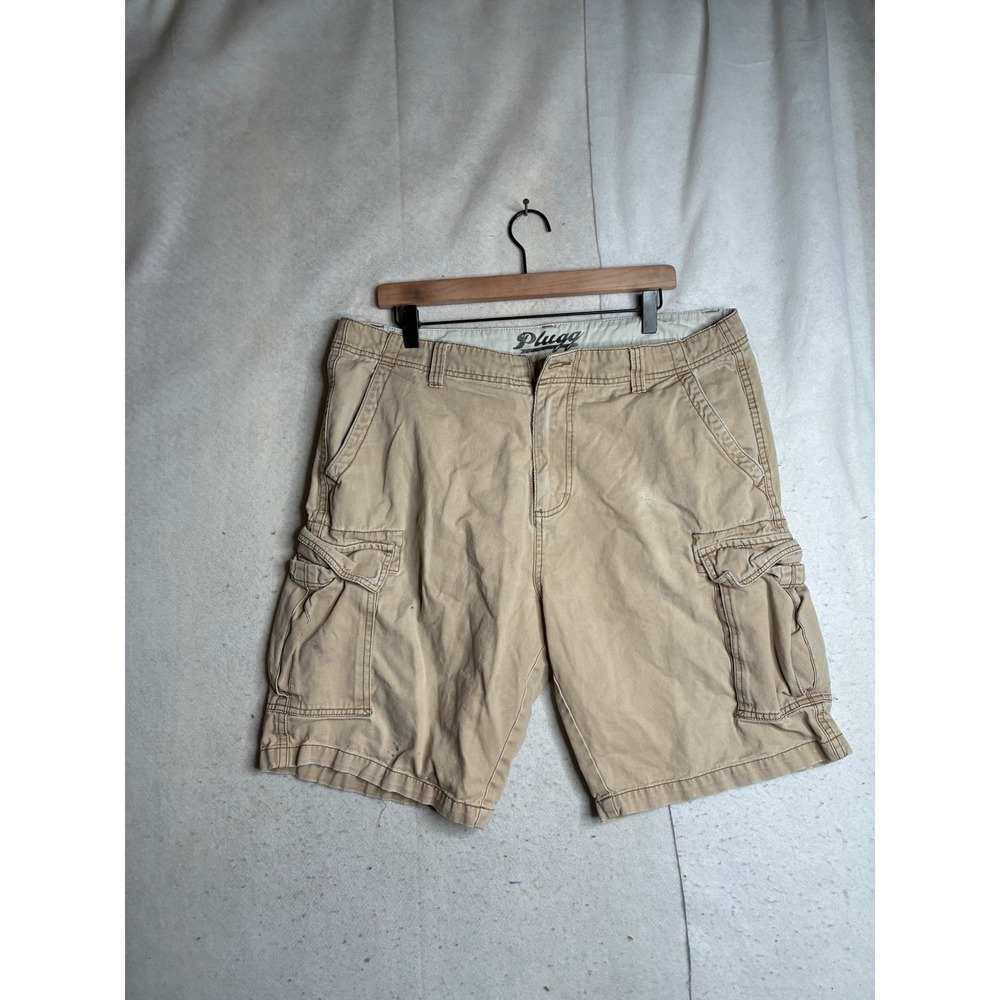 Plugg Mens Tan Khaki Cargo Shorts Sz 36 Cotton Multi Pocket Casual Utility FLAW